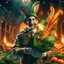 Placeholder: victory portrait of crazy cook army officer holding huge carrots rockets inside grove with fluffy hare with mutations getting blasted by explosions, 4 k, down-light, soft light, depth of field, photo realism, trending on art station, high detail, spray paint