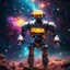 Placeholder: space robot covered with glowing cheese, nebula particles in air, in space, galaxy in background, bright colors, glowing sparkle particles, dark tone, sharp focus, high contrast, 8k, incredible depth, depth of field, dramatic lighting, beautifully intricate details, clean environment, epic dynamic scene