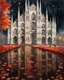 Placeholder: Milan Cathedral. Amanda Clark, Zdzisław Beksiński, Jacek Yerka and Yossi Kotler style mix, surreal whimsical autumn landscape, watercolor- fall foliage is almost over. A beautiful red maple clings to the last of its leaves and a flock of small birds nestled on its branches, watercolour and ink illustration, wet-on-wet, loose water effects, white, red and golden paint splatter, voronoi pattern, richly textured, fluffy clouds, beautiful vibrant colors, opalescent gradient. Modifiers: intricate bea