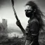 Placeholder: women, faces covered in black masks, ragged clothes, holding flag, war-torn, destroyed city in the background, 8k resolution, hyperrealistic, detailed matte painting, b&w, dynamic lighting, war, anarchy, terrorists