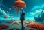 Placeholder: woman in a form-fitting suit, standing on a beach of an alien world, watching mushrooms with jellyfish tentacles in the sky, photorealistic, Detailed Matte Painting, Deep Colour, Fantastical, Intricate Detail, sunshine