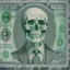 Placeholder: a head and shoulders portrait of a skeleton dressed in a three-piece suit as the president of the united states, based on us currency, united states one dollar bill, shades of green, real-life, colors match the united states one dollar bill, realistic, robotic, black and white