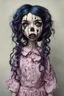 Placeholder: full color, illustration of a dark, menacing, Singer Melanie Martinez face, as a decayed, broken, crude homemade cloth doll toy, with a narrow cracked porcelain face, thick dark eyebrows, hair in two gradually made from ragged strips of cloth, in the style of Alex Pardee, Tim Burton, and Nadya Sheremet