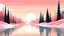 Placeholder: cartoon illustration: ice frozen lake with pines and pink sky