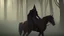 Placeholder: Dark robed wizard on a horse in the forest