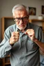 Placeholder: Portrait of poor angry caucasian senior man wearing eyeglasses and showing big fist standing at home indoor, Older Adults and Their Anger Issues