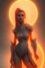 Placeholder: Beautiful futuristic girl, wearing orange glowing armor, orange eye make-up, snow mountain background, standing under lantern