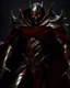 Placeholder: handsome Dark lord in silver and gold armor with grey skin and red eyes, and a ghostly red flowing cape, crimson trim flows throughout the armor like blood
