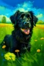 Placeholder: crea una imagen tipo retrato con un perro negro de buen pelaje, alegre, en un campo verde con flores, con un cielo azul con pocas nubes, con una atmosfera alegre, con saturación suave, colores cálidos, al estilo van gogh