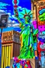 Placeholder: up-close digital image of the statue of liberty, covered in graffiti , holding a cellphone and taking a selfie while smiling,a Louis Vuitton bag over shoulder, standing alone In a deserted desert