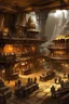 Placeholder: Underground Space Western Town, Wild West, Sci fi, In cave system, Tin, Sandstone, Gold, Old and Rusted, Hyperdetailed, Maximalist, Bustling, Browns greys and oranges. Full of people.