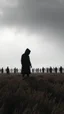 Placeholder: A field of random people at the end of the picture gray background an giant dark shadow of hooded human figure standing in a cinematic, 8k