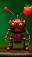 Placeholder: "A detailed macro photograph of a tiny rusty, mechanical ant robot, its metallic body weathered and worn. The robot intricately carries a massive bitten strawberry, the bright red fruit contrasting with the dark, rusty hues of the ant. The strawberry's texture is detailed, showing seeds, juice, and the bitten section. The background is a simple, everyday environment with natural lighting, enhancing focus on the robotic ant and strawberry. Colors: black, red, and brown."