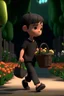Placeholder: Seorang anak kecil berbaju hitam membawa sekeranjang bunga berjalan di taman 3D animation