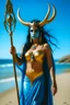 Placeholder: A picture of a blue faced Indian goddess with skin painted blue, blue body, wild black hair, stag horn antlers, elven ears, golden skirt, holding a staff on a sunny beach