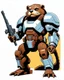 Placeholder: Comic of an armored beaver warrior from science fiction, ultra quality