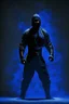 Placeholder: Background is dark blue, almost black. There is a head and torso silhouette looming in the picture, completely masked by a black kevlar suit. martial art pose