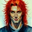 Placeholder: dnd, fantasy, watercolour, stylistic, portrait, illustration, dull colours, male, face, narrow face, green eyes, determined, happy, red hair, very long hair, radiating light, five o'clock shadow