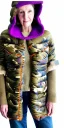 Placeholder: Image shows wholly a Brunette woman. average body type. Mantle is sewed of recycled Denim and sewed together of camouflage pieces. Camouflage colors are orange,terracotta, cream and purple. Cream latex gaiter. More yellow(Munsell)!!!Big bright purple/khaki felt tippet and cream or blue or lilac colored-hood. mantle is merged with satchel. . AKG-style headphones (gold rings!) is merged with small felt cap with small visor. Style: Haute Couture in 1936, Paris fashion in 2023.