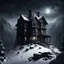 Placeholder: Hyper Realistic black abandoned dark haunted house on the top of a mountain at heavy snowfall night