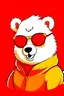 Placeholder: 애니메이션에 나오는 귀엽고 선글라스를 끼고 양 손에 빨간색 복싱 글러브를 착용하고 있는 하얀색 털을 가진 덩치가 큰 웃고있는 곰. 채도가 낮은 주황색 단색 배경이다.