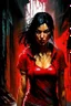 Placeholder: woman in a red shirt standing in a dark alley, by Aleksi Briclot, digital art, girl with black hair, bloody river in hell, as a fortnite character, woman very tired, ready to fight, no yellow color in eyes, torrential rain of blood, stylised comic art, uncharted, bbc promotional artwork