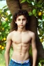 Placeholder: beautiful 12 year old arabic boy with long, white curly hair and light blue eyes, smiling, shirtless, in front of a distant mango tree