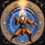 Placeholder: (in the style of Orion, by Masamune Shirow) a Shaolin monk casting a magic spell in the middle of a pentacle, magic is in the air, he cast fire by his hands