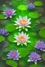 Placeholder: Glowing rainbow lily pad flower centered, night, highly detailed, sharp focus