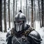 Placeholder: head photo of a strong warrior man wearing an iron knight helmet, full face cover, extreme cold stormy and windy weather, cold forest tundra, cinematic and dramatic photo, EXTREME snowy and ruthless environment