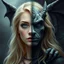 Placeholder: a portrait of a fantasy person. One half of their face is an attractive blonde woman in the day, the other a gargoyle statue at night