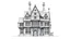 Placeholder: technical line drawing of the front elevation of a tall, narrow, warped, fantasy Tudor building, with twisted chimneys, rooms and floors added to sides and roofs, like the warren.