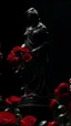 Placeholder: The statue of justice is filled with blood, carrying a scale full of red roses, and poppy flowers grow from underneath it and climb the statue. Dark garden background cinematic.9:16