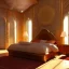 Placeholder: a pinhole camera photo of sunlight streaming into a sumptuous Arab-style bedroom