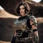 Placeholder: beautiful caucasian female soldier, black metal body and limbs, visible cybernetic limbs, scratched sand camo metal details, short brunette wavy bob haircut, dystopian, desert scene