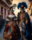 Placeholder: Pareja hombre y mujer con disfraz en el carnaval de Venezia caminando por Venezia mascara vestido hasta el suelo pantalones obra de arte gráfica 2d hiperdetallada intricadas finamente detallada 8k