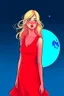 Placeholder: Blonde girl, white skin color, blue eyes, standing in the moonlight, handdrawn, red dress