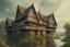 Placeholder: portrait of a tudor manor house on a street, fishpond architecture, highly detailed, blue sky, cinematic lighting, digital art painting by greg rutkowski