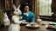 Placeholder: [very impressive high res masterpiece in Kodak Eastman 5247, by Stanley Kubrick] Donnie Yen with a rabbit outfit taking tea with Alice in wonderland