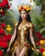 Placeholder: 📷💃 length image full body gorgeous pretty super model girl as elven queen,floras crown,high details photo of luxury golden armor color designed made of flora flowers🌹 colors orchids and red,yellow,details color roses 🌹she using accessories luxurious diamonds jewelrys, flowers,surrounded 🌿🌿🌿leaves,so many surrounding butterflies, pretty face beauty colors make up cosmetic,bigbusty,perfect body,green leaves jungles background