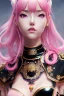 Placeholder: Detailed cute anime Kunoichi girl, pink hair buns, pink bangs, black latex bodysuit, intricate details, full body portrait, keep head in frame, slight smile, black Japanese motif, concept art, highly detailed, digital painting, concept art, sharp focus, illustration, art by Yoji Shinkawa, WLOP and greg rutkowski and alphonse mucha and artgerm and yanjun Chen and Junji ito and Makoto Shinkai, HDR, octane render