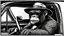 Placeholder: Gorilla wearing thick glasses driving a car. Illustration in the style of Ed "Big Daddy" Roth.