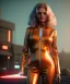 Placeholder: retro sci-fi portrait image from 1980, supermarket parking explosion, fire, scared people, blonde woman walking, young Michelle Pfeiffer face, tight latex suit, soft color, highly detailed, unreal engine 5, ray tracing, RTX, lumen lighting, ultra detail, volumetric lighting, 3d, finely drawn, high definition, high resolution.