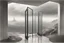 Placeholder: a surreal open glass gate in a glass wall with a view of a desolate landscape, fog, storm, greyscale, strong contrasts, by artist "Leonora Carrington",by artist "Zaha Hadid""