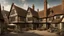 Placeholder: A Paved Courtyard, With Tudor Gothic Houses, Tall Chimneys, Crooked Roofs, a small stream, People, Shops,