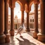 Placeholder: Hyper Realistic Photographic-Zoomed-View Of White-Dove Sitting On The Traditionally-Crafted-Surface-of-the-Balcony inside Traditional Rajasthani Fort With with sunrays casting Dove's Shadow Traditional-Brown-Pillars & Traditional-Hallway showing dramatic & cinematic ambiance.