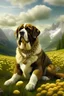 Placeholder: Собака породы сенбернар, с массивной золотой цепью на шее сидит на цветочном лугу на фоне альпийских гор, реалистично, высокое разрешение, высокая детализация.