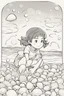 Placeholder: A little girl playing by the seashore, surrounded by oval-shaped seashells and bubbles. Use ovals for the seashells, bubbles, and the sun setting over the ocean.,very happy , Colloring page for todlliers ; basic hawali style cartoon , black and white , ink outlines , , smooth , anime style , minimalist , cute eyes , full body , white shose , sketchbook , realistic sketch , free lines , on paper , character sheet , clean line art high detailed