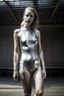 Placeholder: photograph of beautiful athletic skinny woman, silver onepiece swimsuit, raw