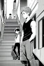 Placeholder: a boy in shorts sleeveless shirt climbs the stairs, greyscale